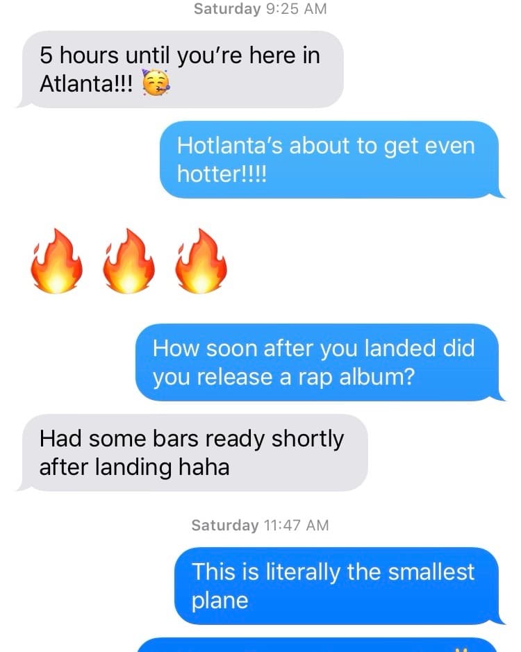 Text messages: "5 hours until you're here in Atlanta!!!" and "Hotlanta's about to get even hotter!!!!"